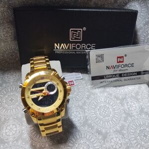 Men Military Sport NAVIFORCE Wrist Watch Gold Steel Digital Quartz NWT